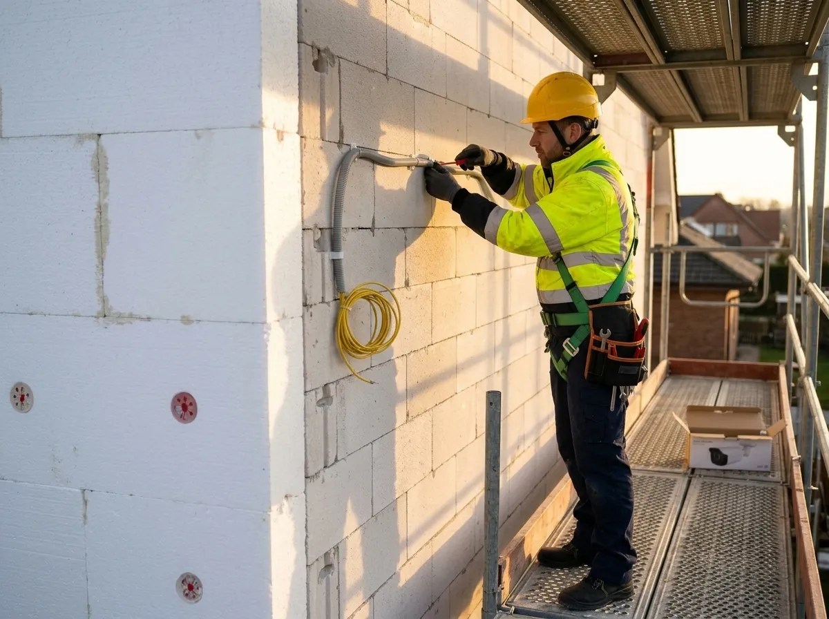 Technik pripevňuje chráničku s káblom pre kameru na murivo pred zateplením domu